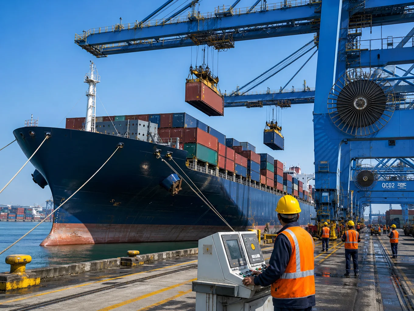 Commercial container vessel docked at deep water harbor terminal