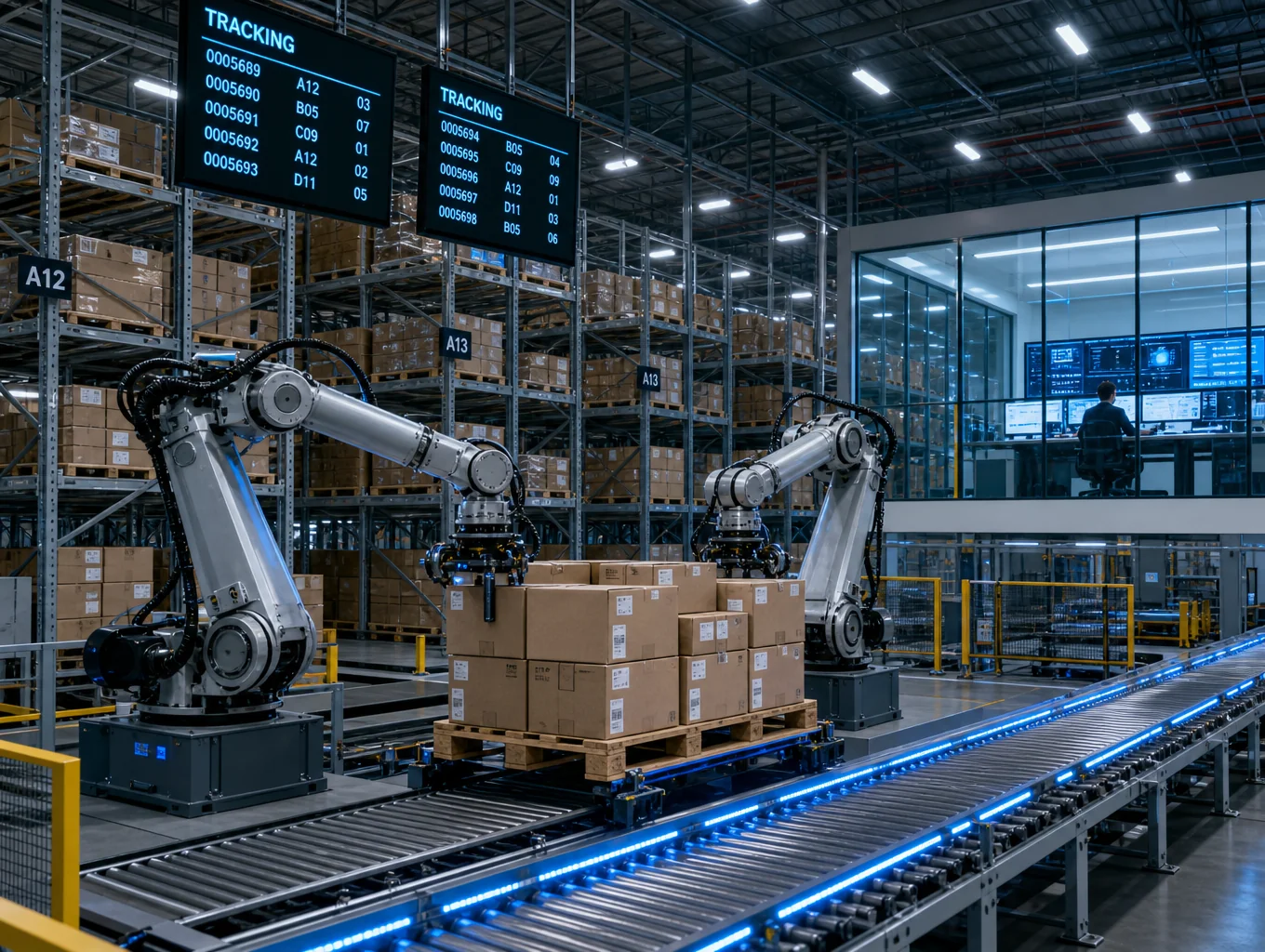High-bay automated freight distribution warehouse and loading docks