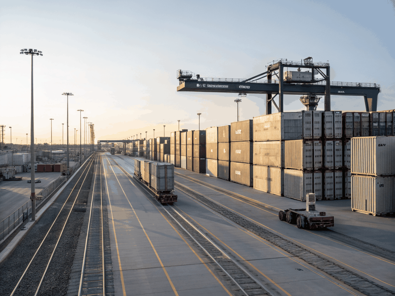 Modern intermodal freight containers being prepared for transit