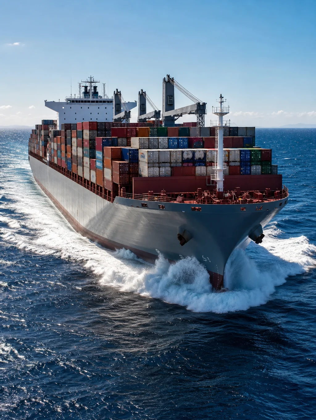 High-tonnage container vessel navigating deep sea straits